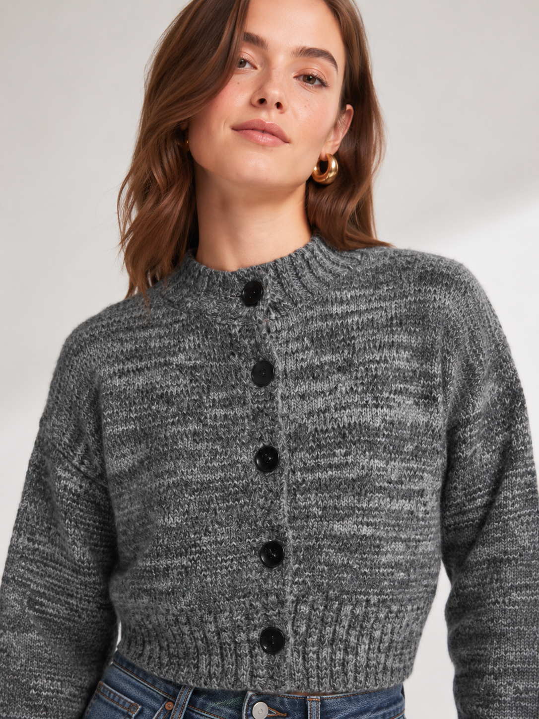Women's Wool Blend Short Cardigan Sweater Crew Neck Button Knitwear