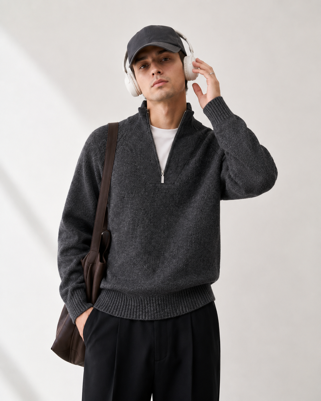 Unisex Wool Blend Half-Zip Stand Collar Sweater