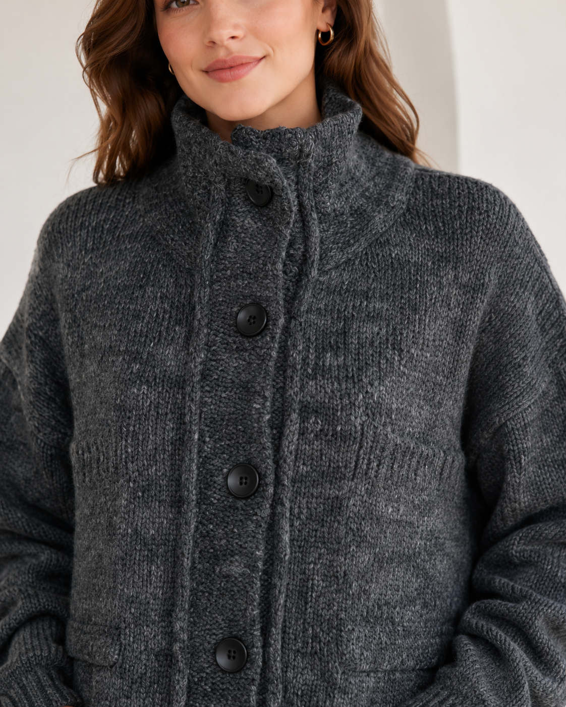 Unisex Wool Blend High Neck Knit Cardigan Sweater Button Front