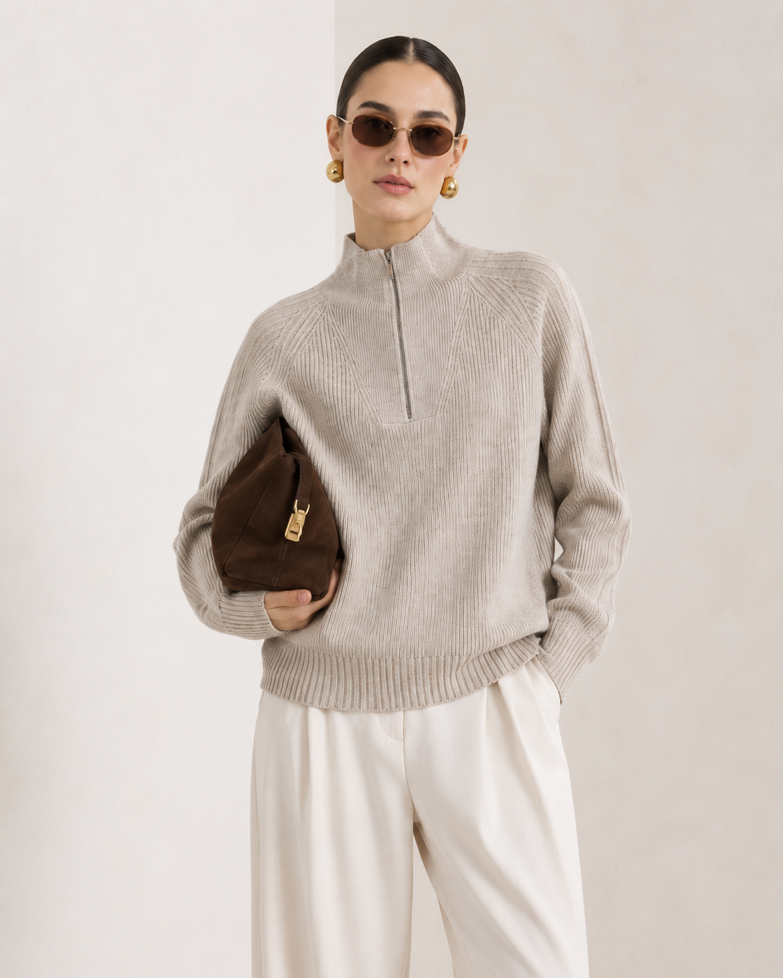 Unisex Wool Blend Half-Zip Stand Collar Sweater