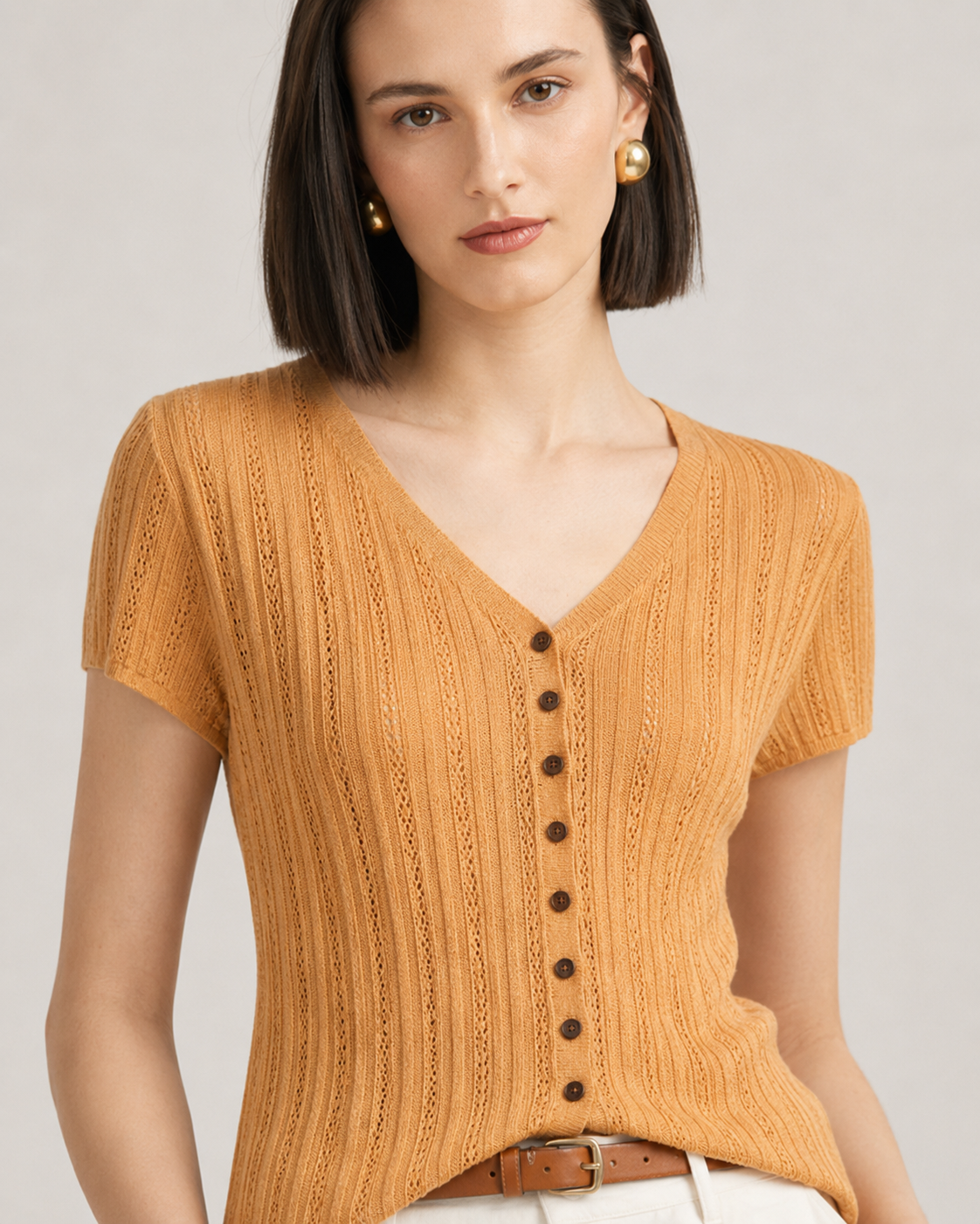 Women’s V-Neck Short Sleeve Openwork Knit Top