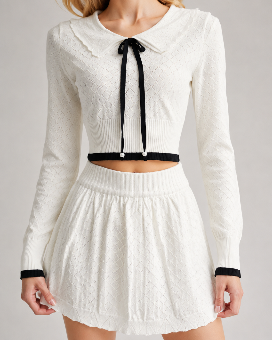 Women’s Black and White Openwork Knit Two-Piece Set