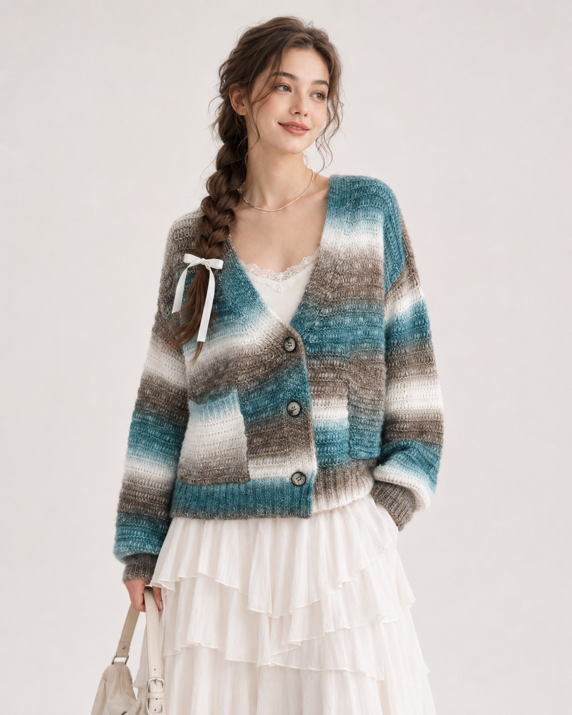 Women's Wool Cashmere Blend Gradient Yarn V Neck Short Cardigan Sweater