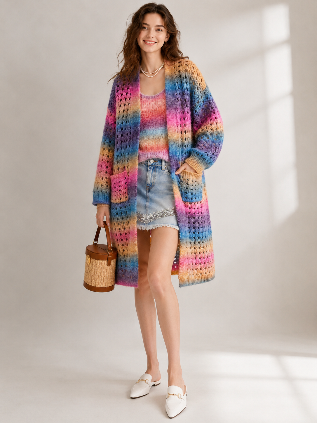Women's Wool Blend Gradient Yarn Long Open Knit Cardigan Sweater