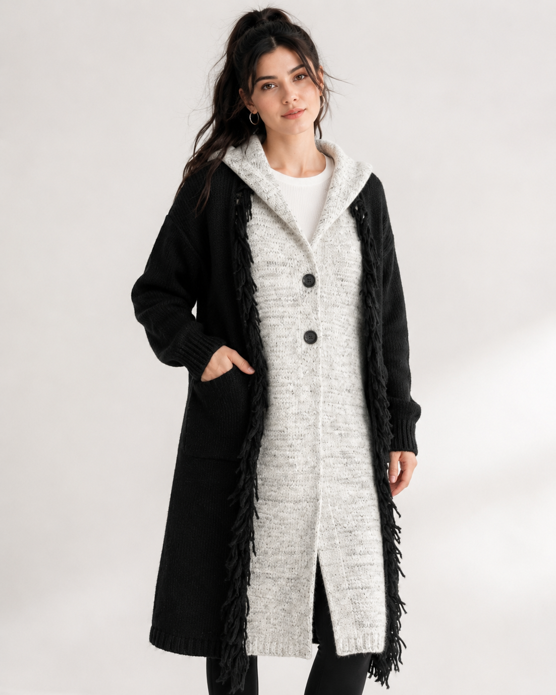 Women's Wool Blend Chunky Knit Hooded Long Cardigan Sweater