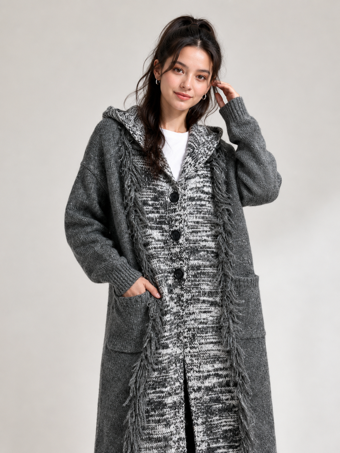 Women's Wool Blend Chunky Knit Hooded Long Cardigan Sweater