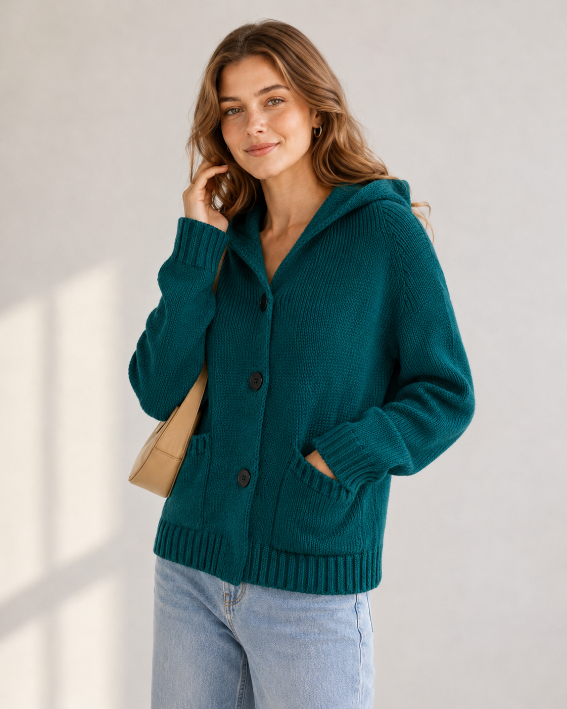 Women's Wool Blend Chunky Knit Hooded Short Cardigan Sweater