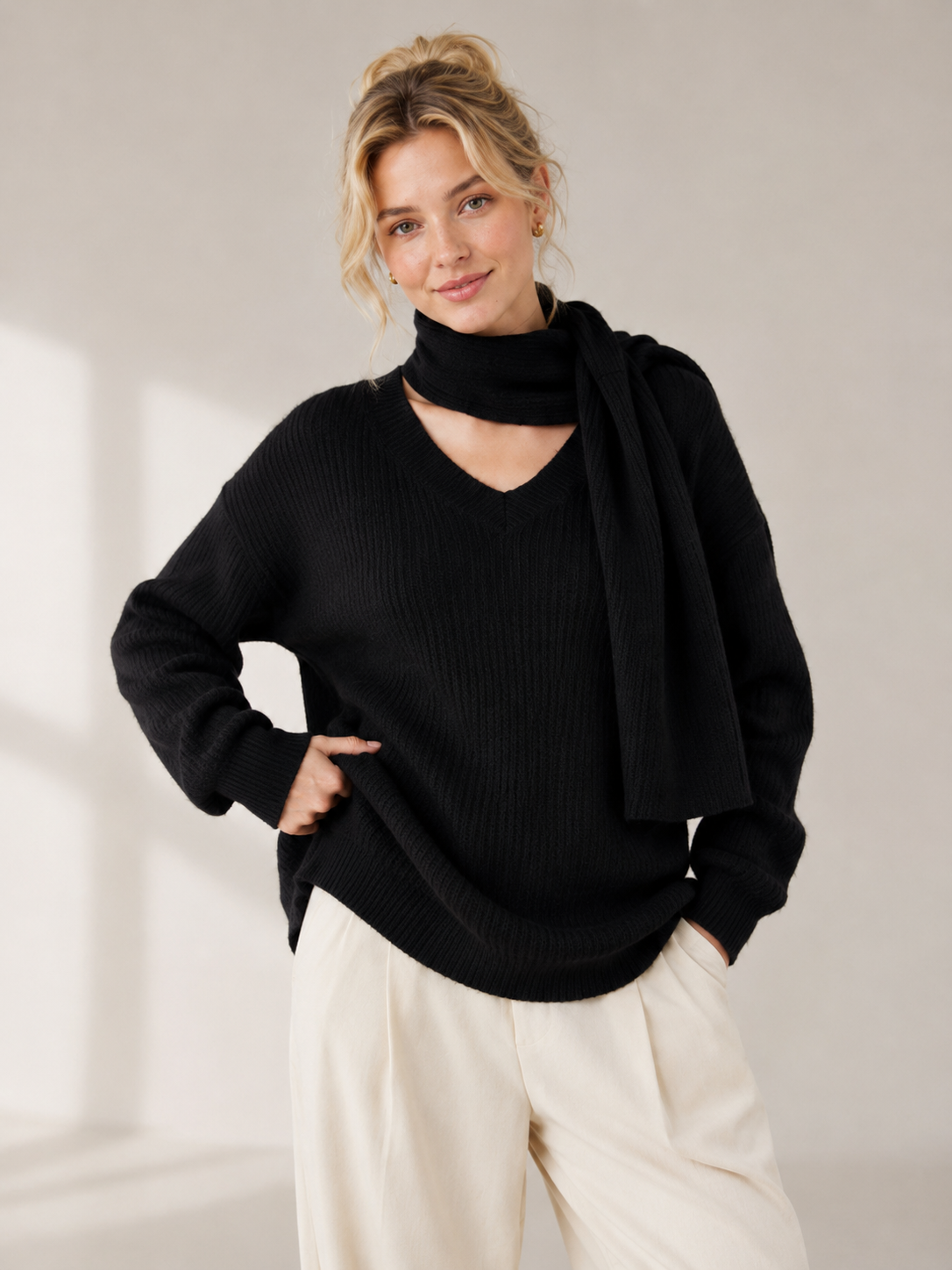 Women's Faux Cashmere V Neck Knit Sweater Set with Scarf