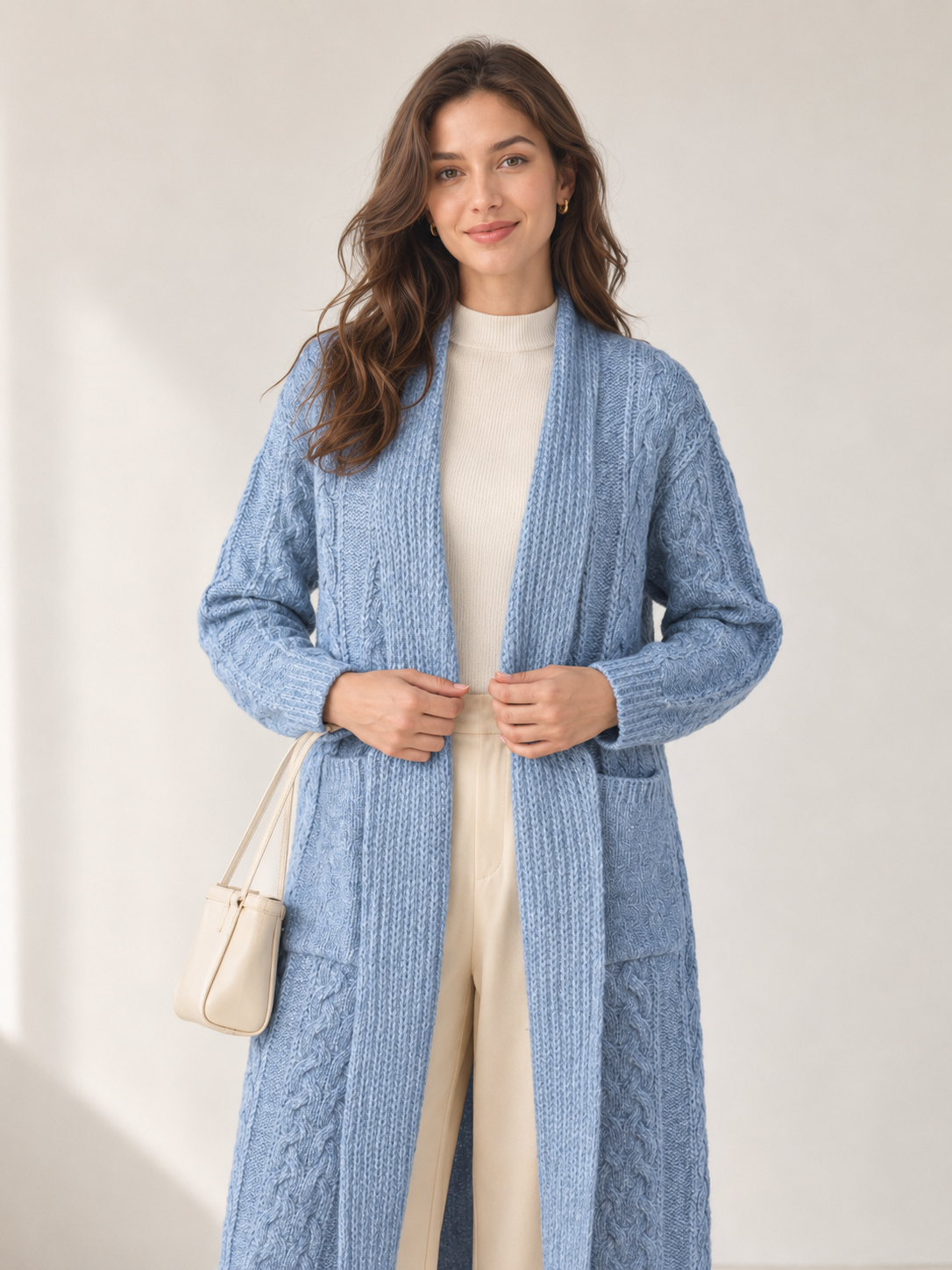 Women's Wool Blend Long Cable Knit Cardigan Sweater