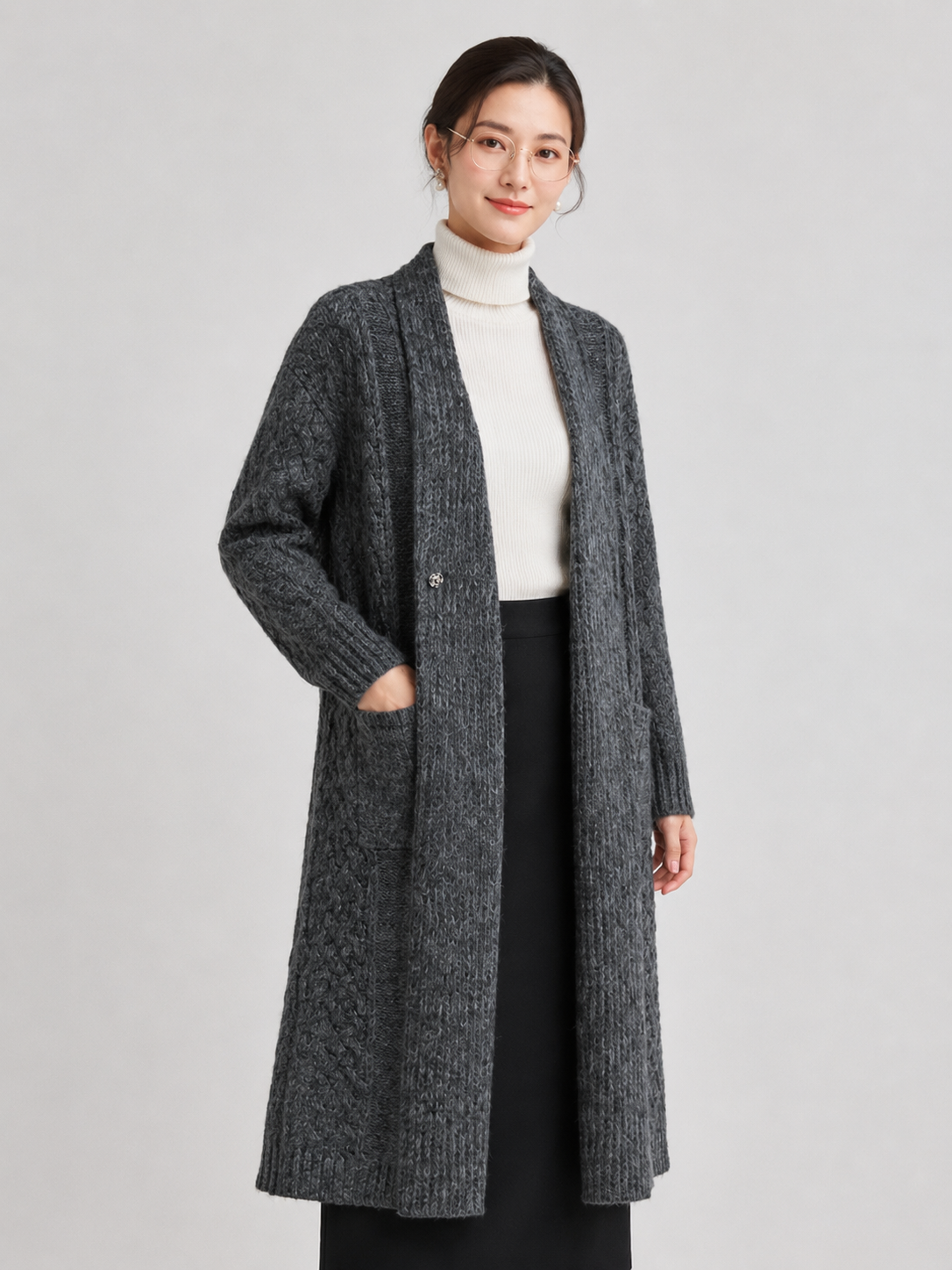 Women's Wool Blend Long Cable Knit Cardigan Sweater
