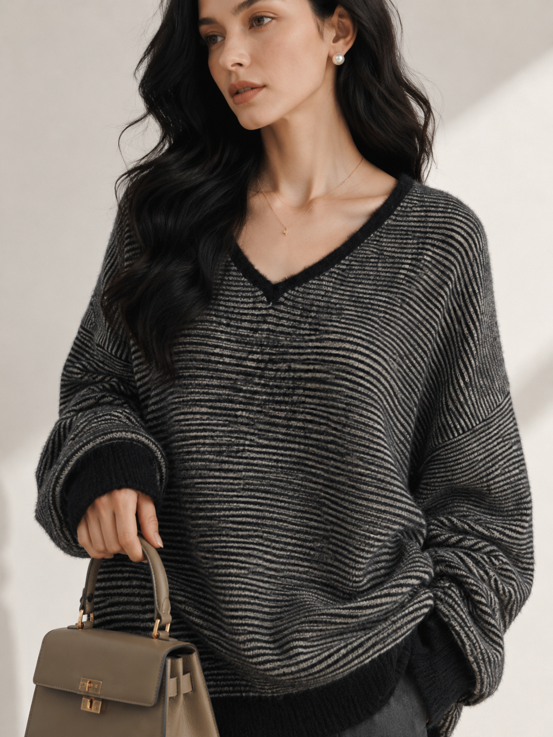 Women's Faux Mink Fur V Neck Striped Knit Sweater