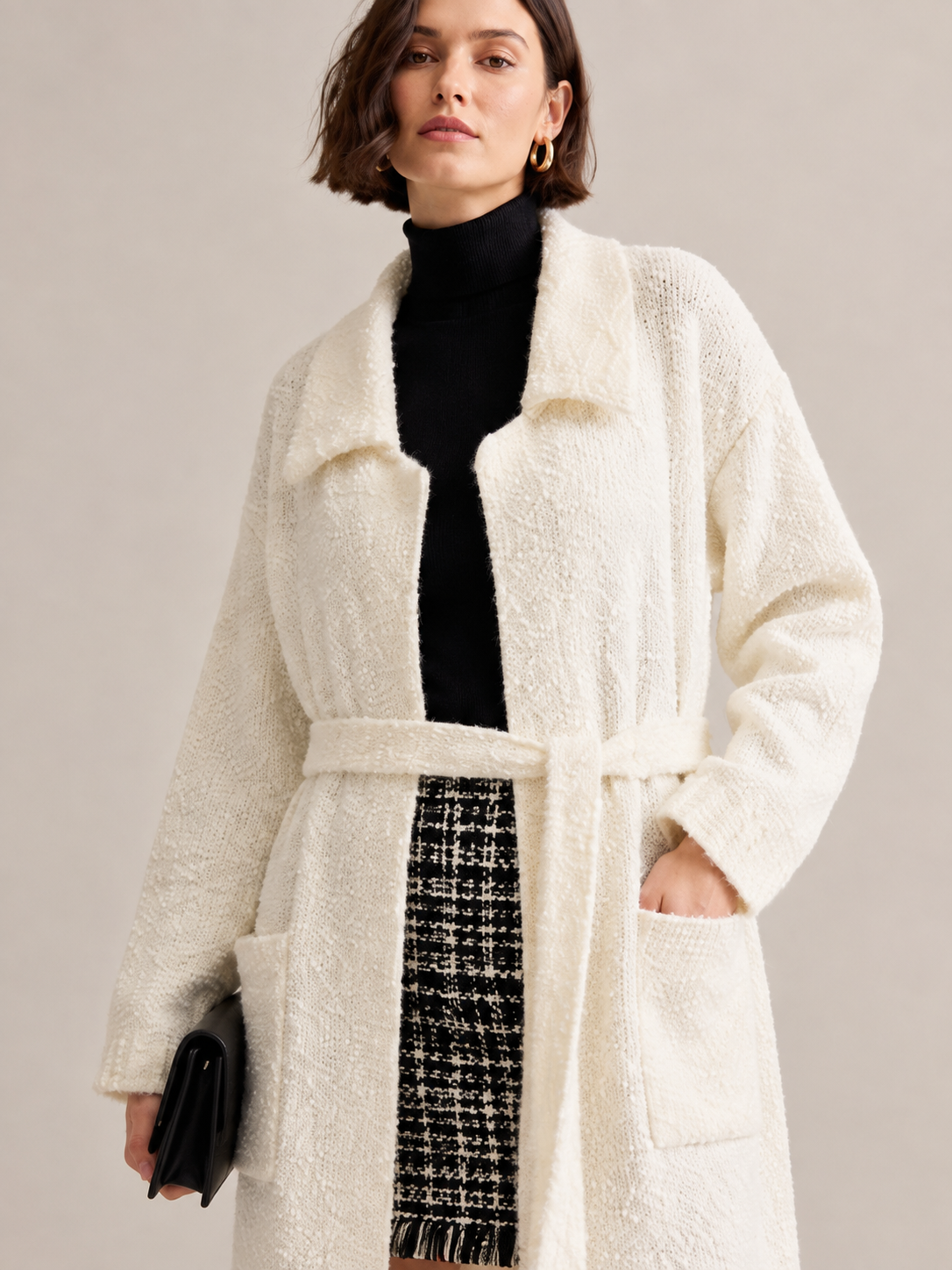 Women's Wool Blend Boucle Long Knit Coat Cardigan