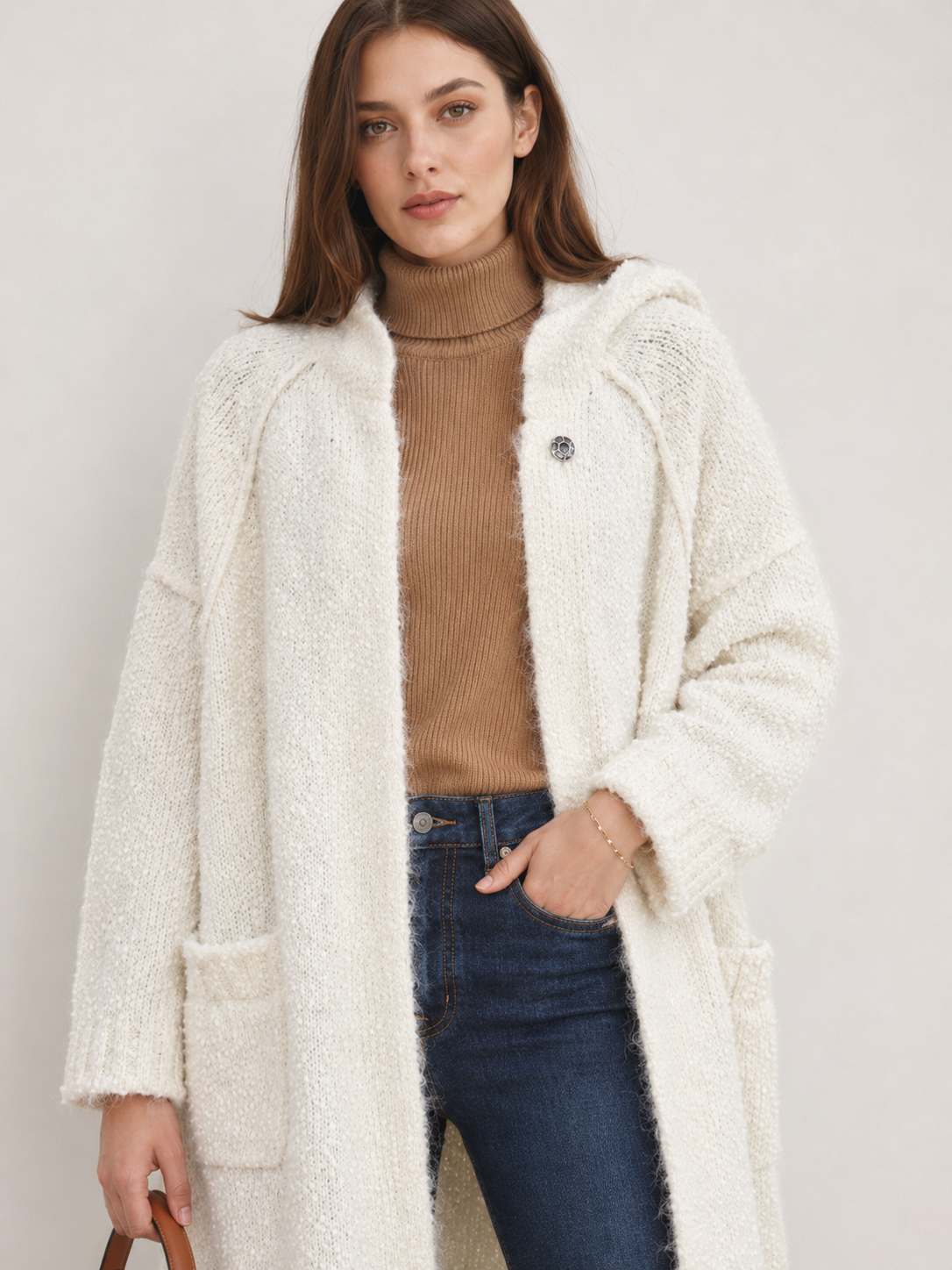 Women's Wool Blend Boucle Hooded Long Cardigan Coat