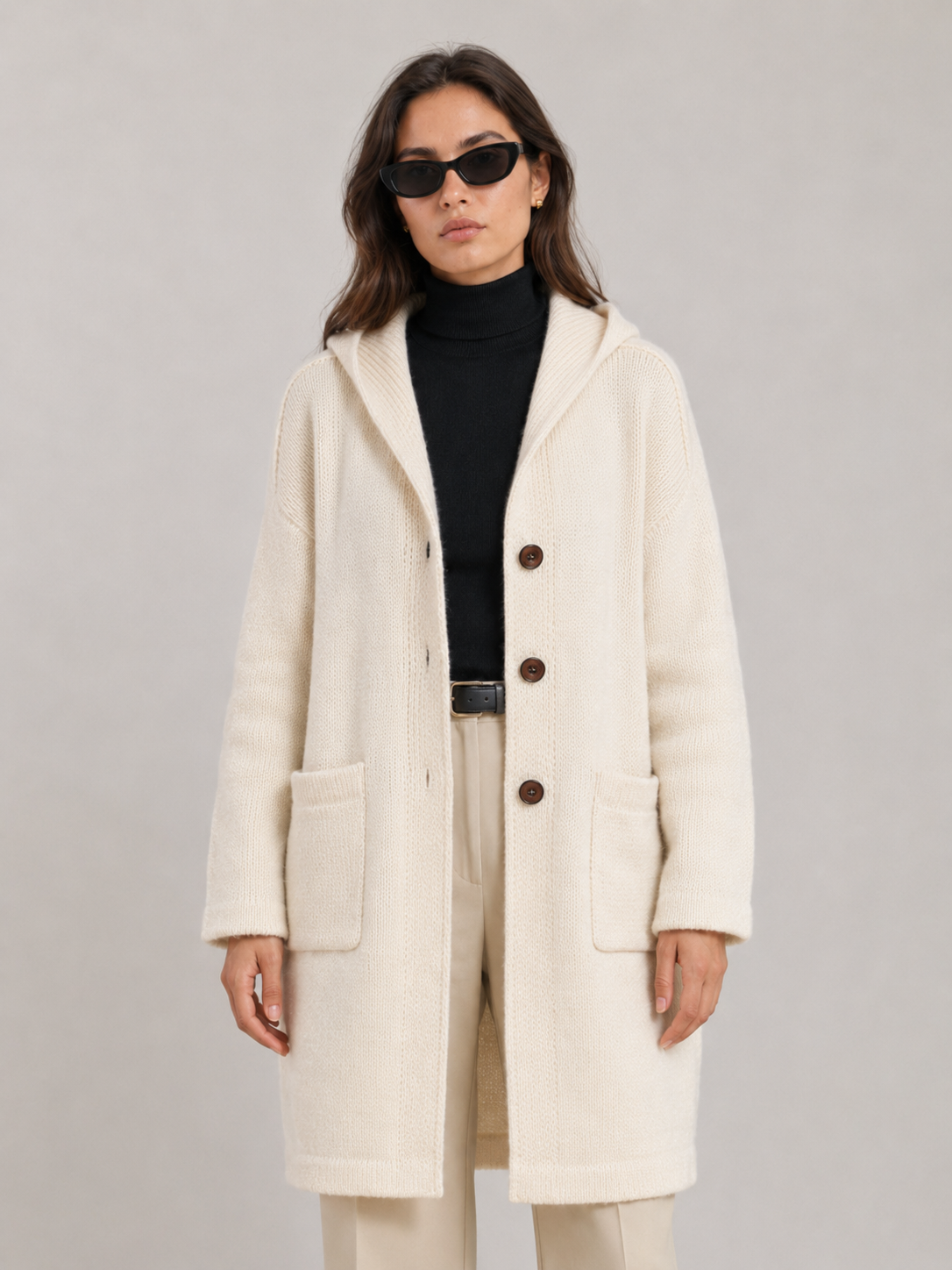 Women's Wool Blend Hooded Long Cardigan Coat with Wooden Buttons