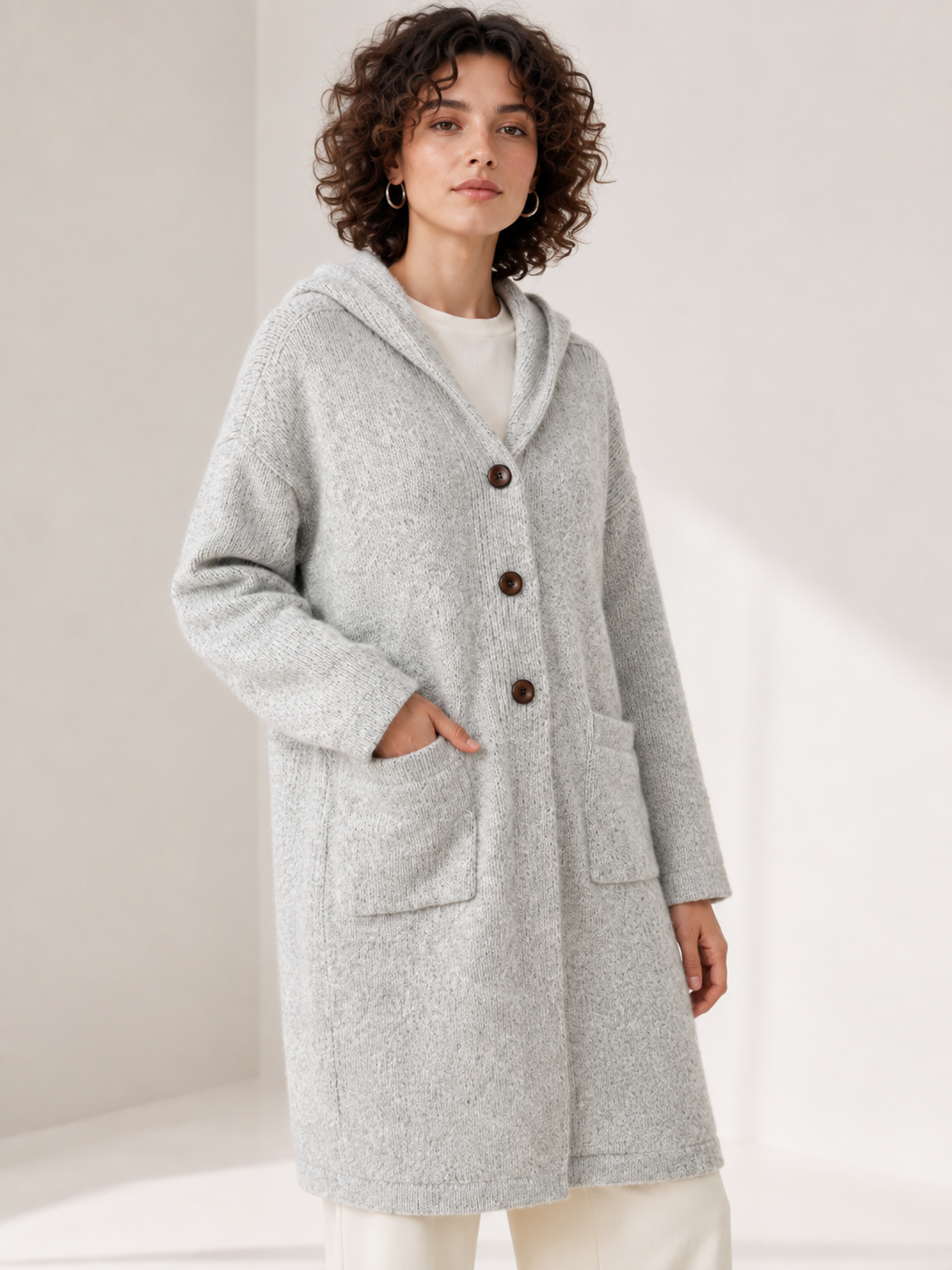 Women's Wool Blend Hooded Long Cardigan Coat with Wooden Buttons