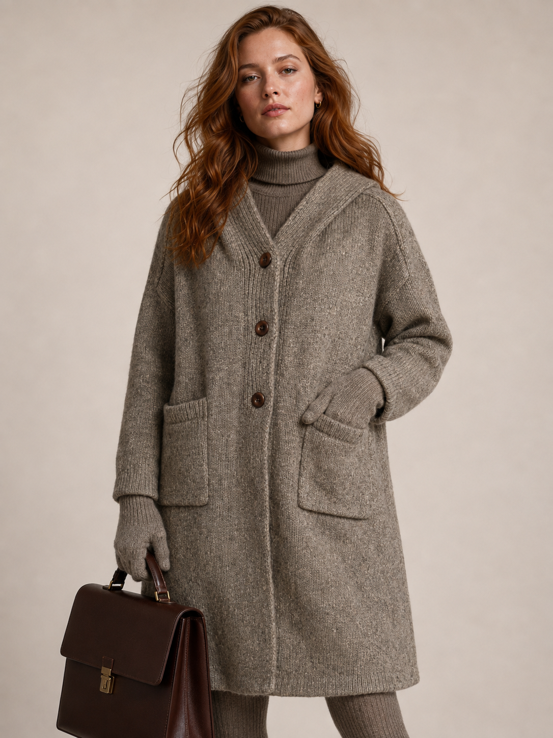 Women's Wool Blend Hooded Long Cardigan Coat with Wooden Buttons