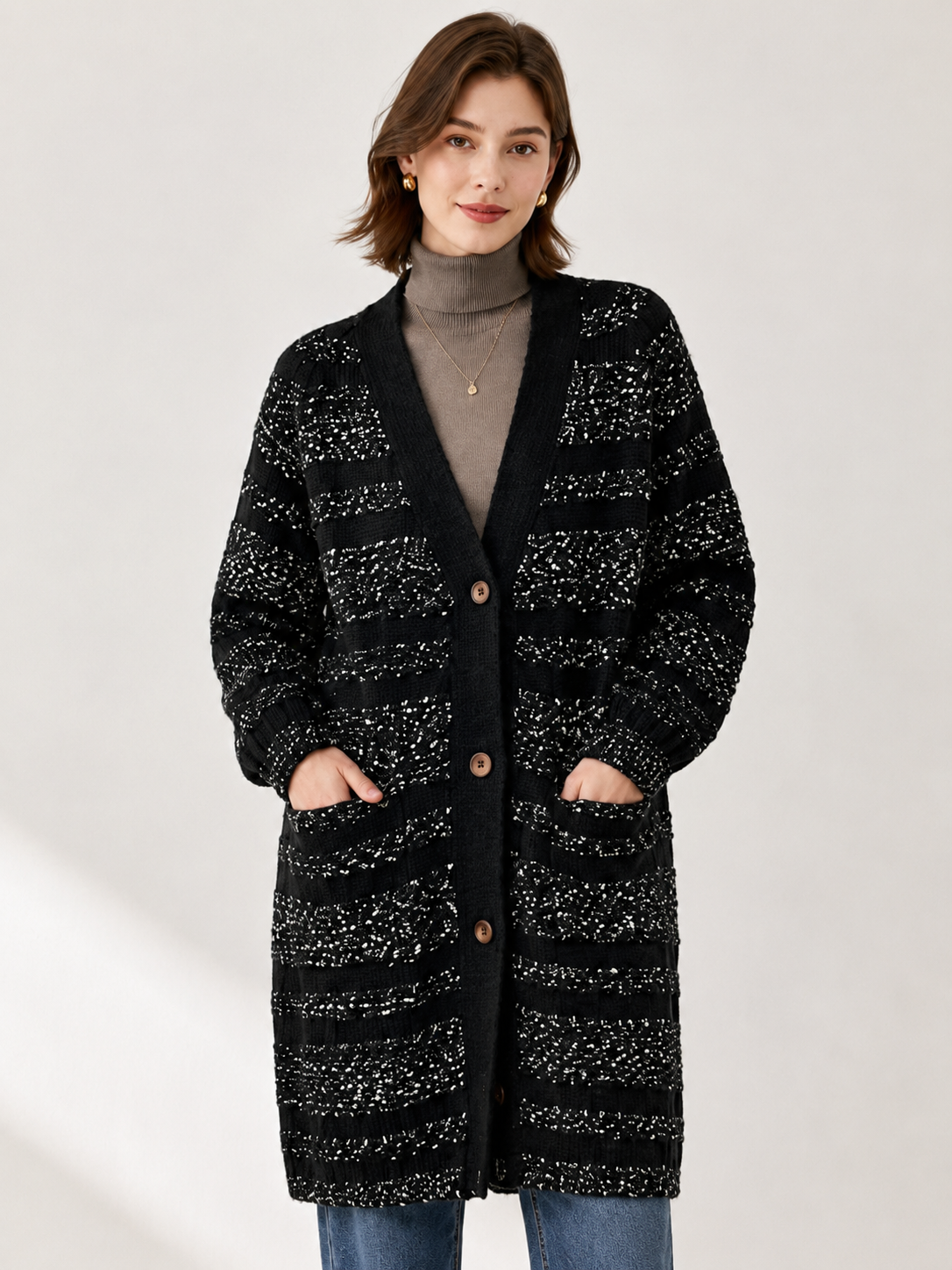 Women's Long Wool Blend Cardigan Coat with V Neck Wooden Buttons