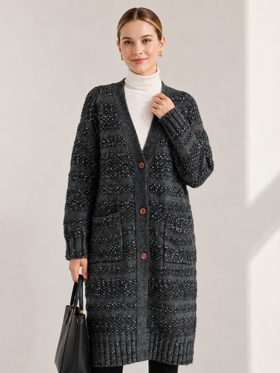 Women's Long Wool Blend Cardigan Coat with V Neck Wooden Buttons