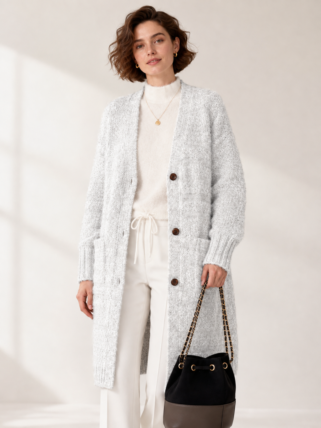 Women's Long Wool Blend Cardigan Coat with V Neck Wooden Buttons