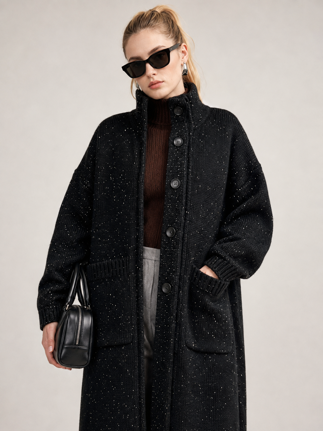 Women's Wool Blend Long Knit Cardigan Coat with Stand Collar & Multi Buttons