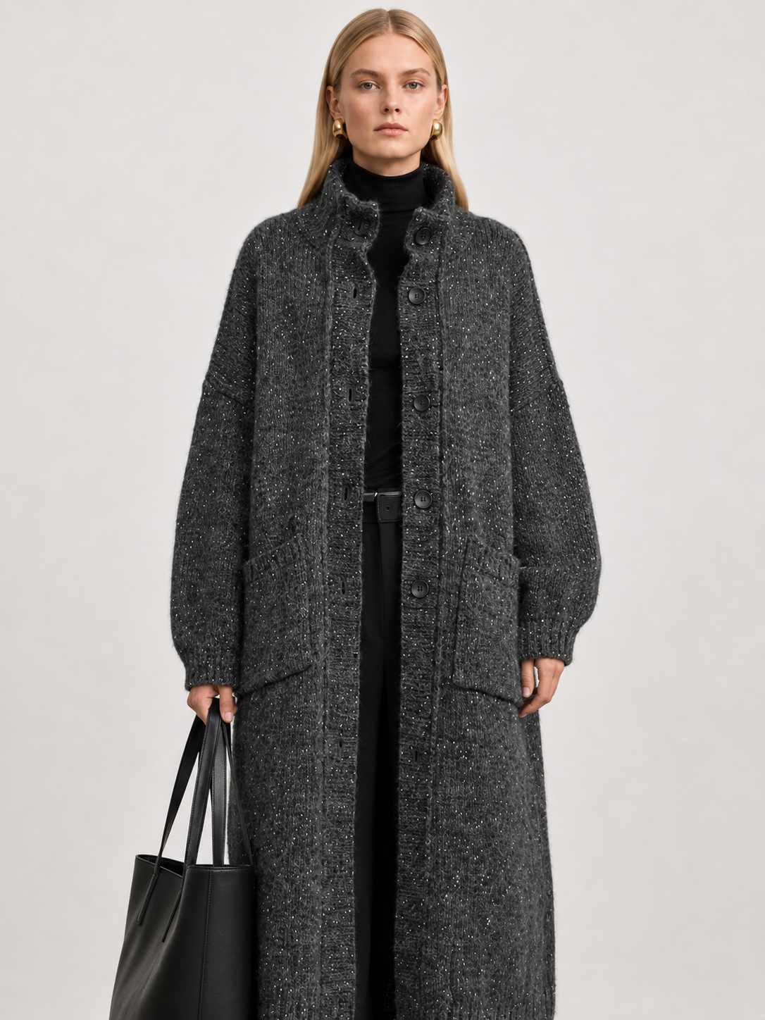 Women's Wool Blend Long Knit Cardigan Coat with Stand Collar & Multi Buttons