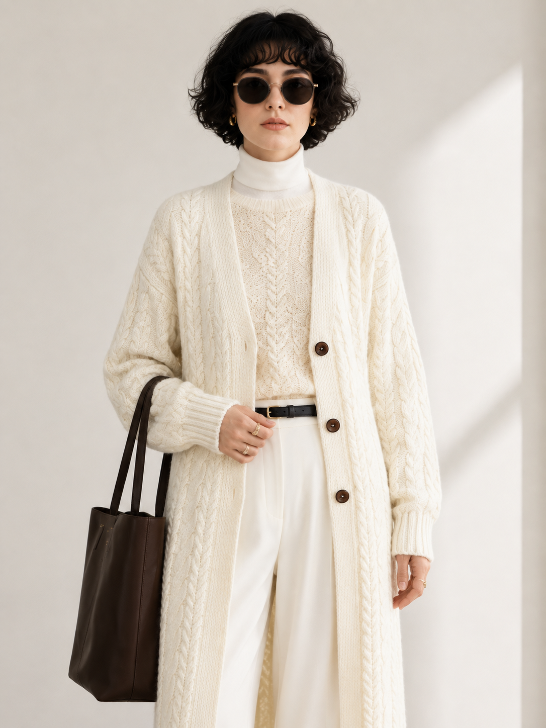 Women's Wool Blend Long Cable Knit Cardigan Coat with V Neck & Wooden Buttons