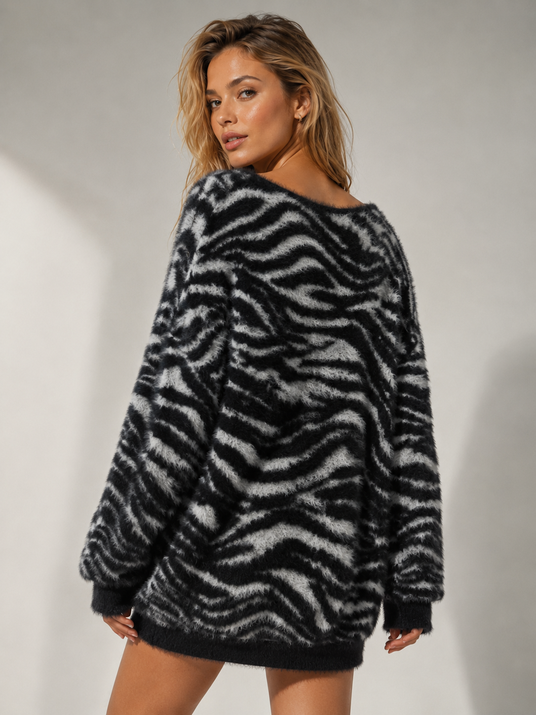 Women's Zebra Print Fuzzy Knit Sweater V Neck Off Shoulder Pullover | Soft Stretch Knitwear Wholesale Factory