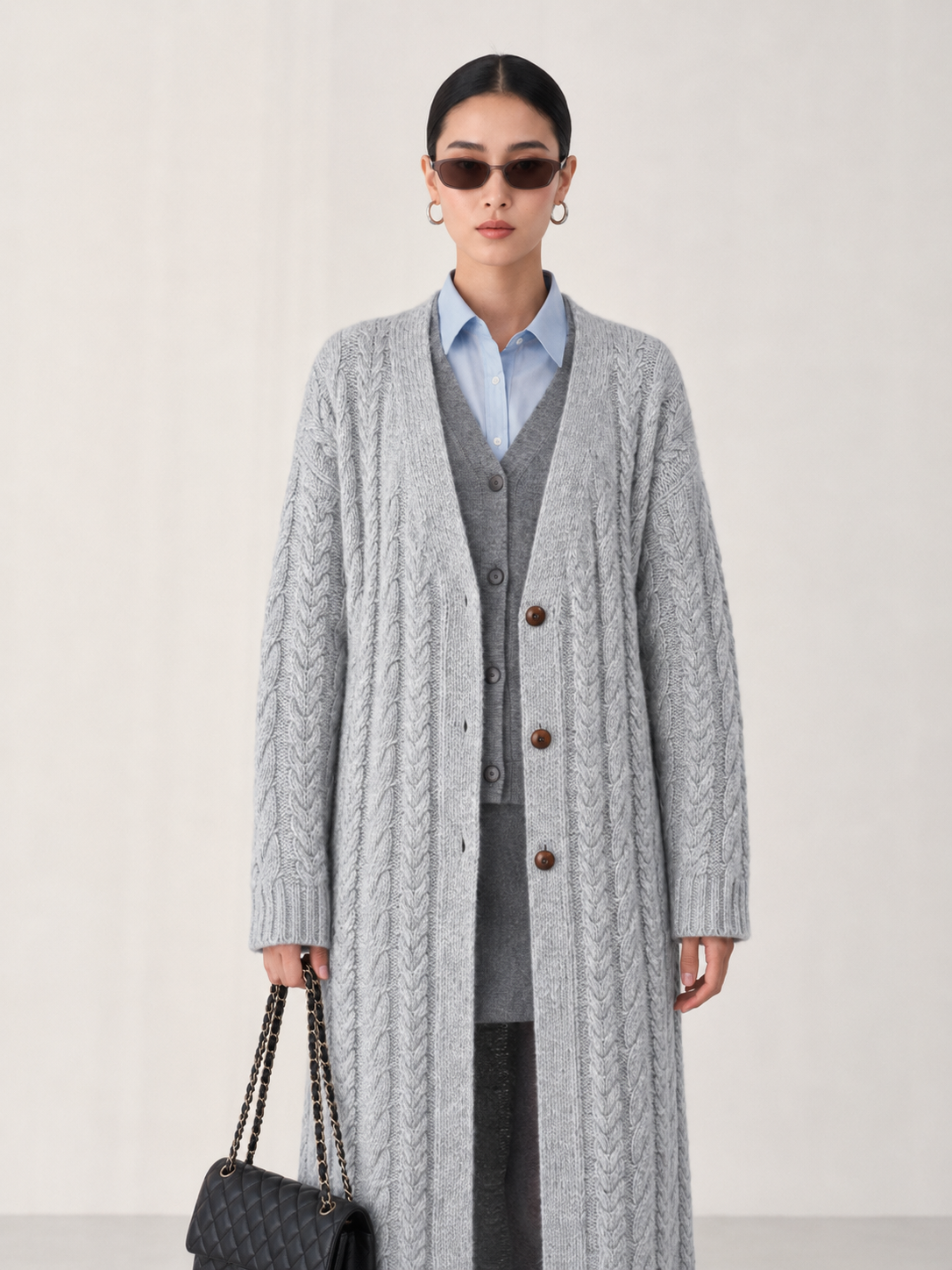 Women's Wool Blend Long Cable Knit Cardigan Coat with V Neck & Wooden Buttons