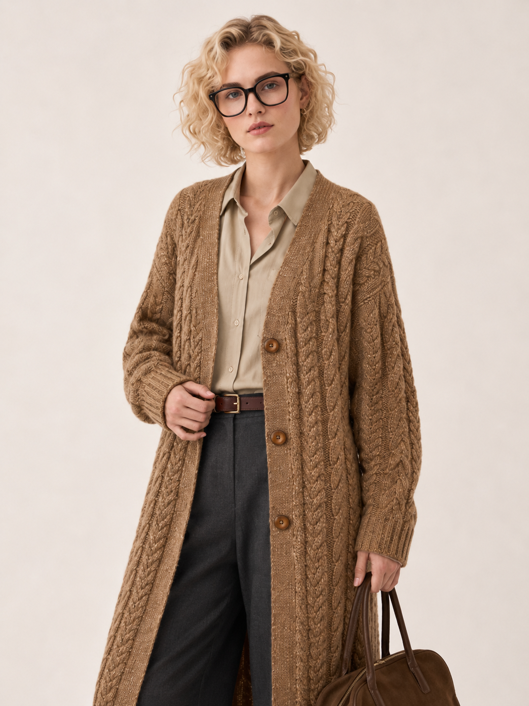 Women's Wool Blend Long Cable Knit Cardigan Coat with V Neck & Wooden Buttons