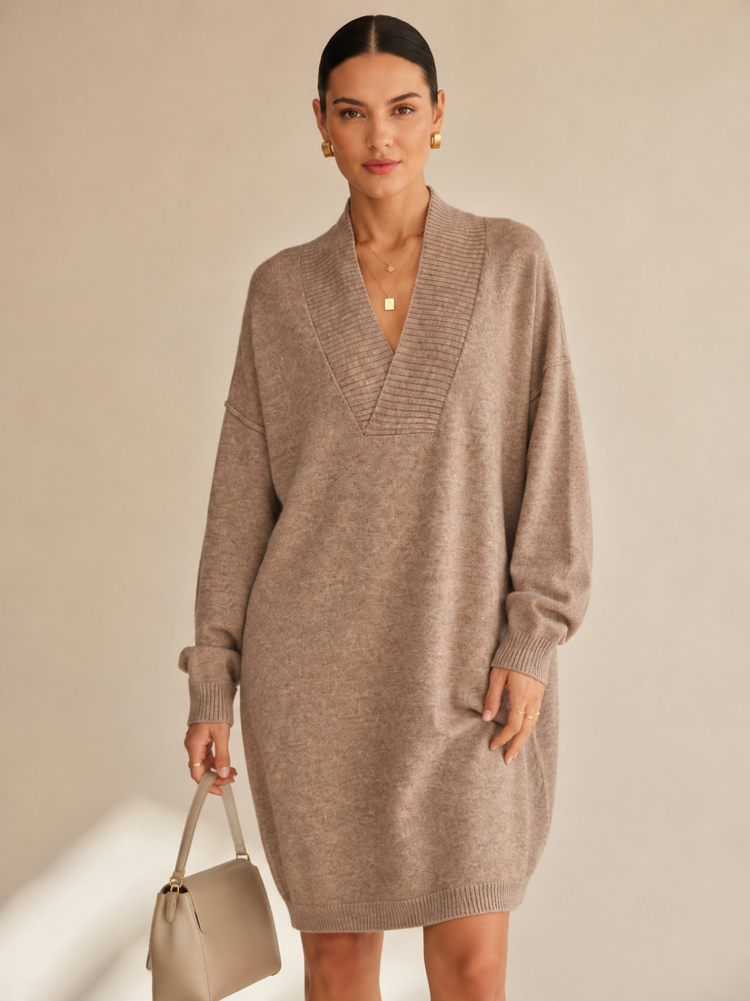 Women's Faux Cashmere V Neck Knit Dress
