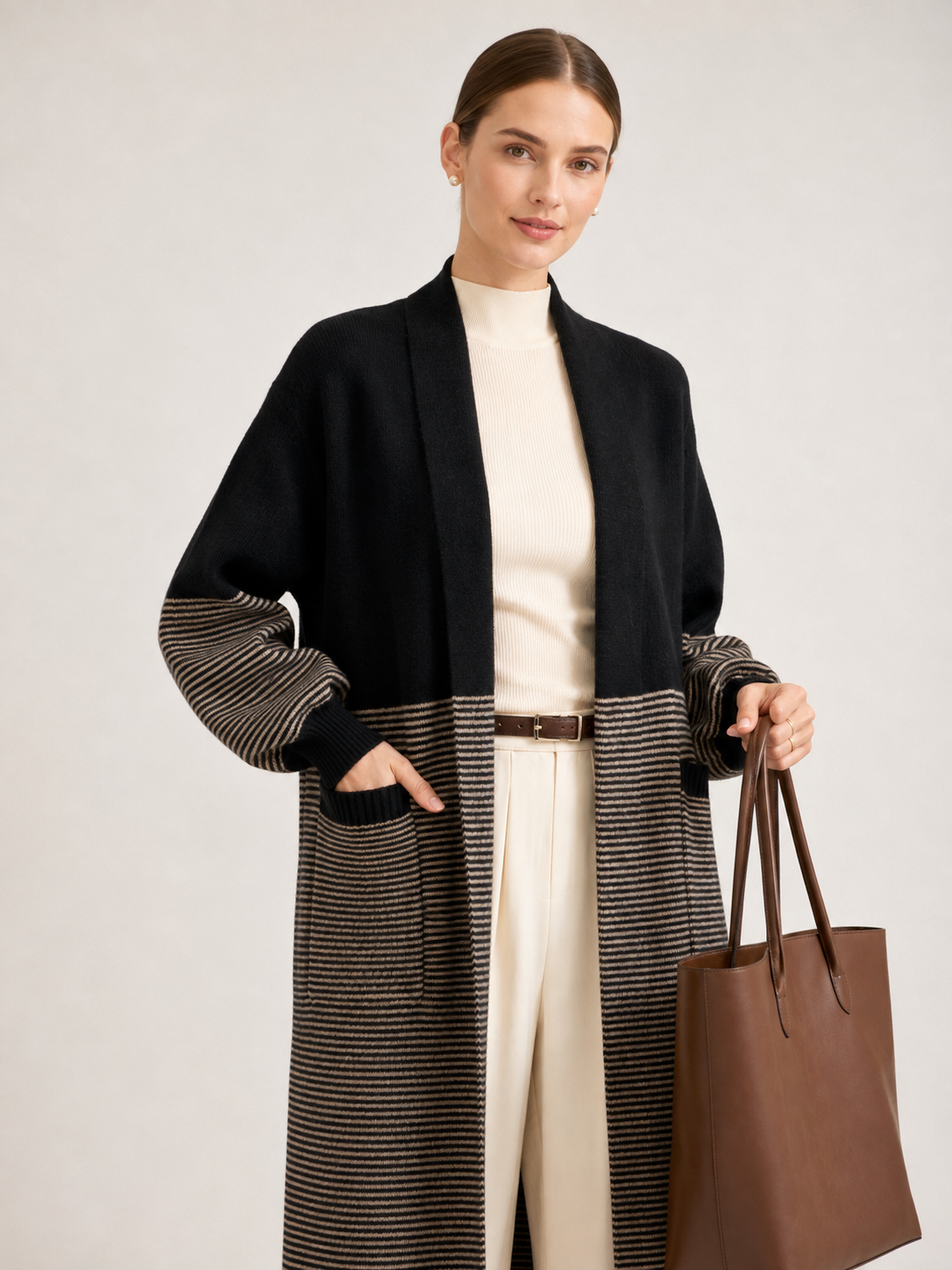 Women's Wool Blend Long Cardigan Coat with Contrast Stripes