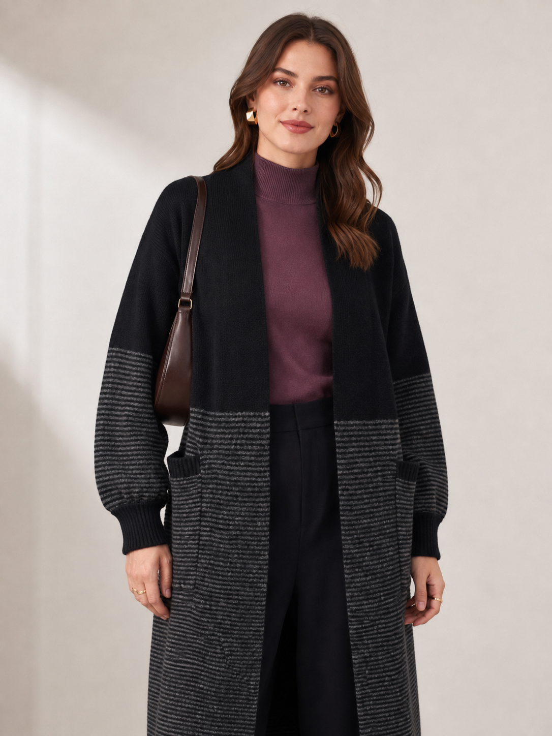 Women's Wool Blend Long Cardigan Coat with Contrast Stripes