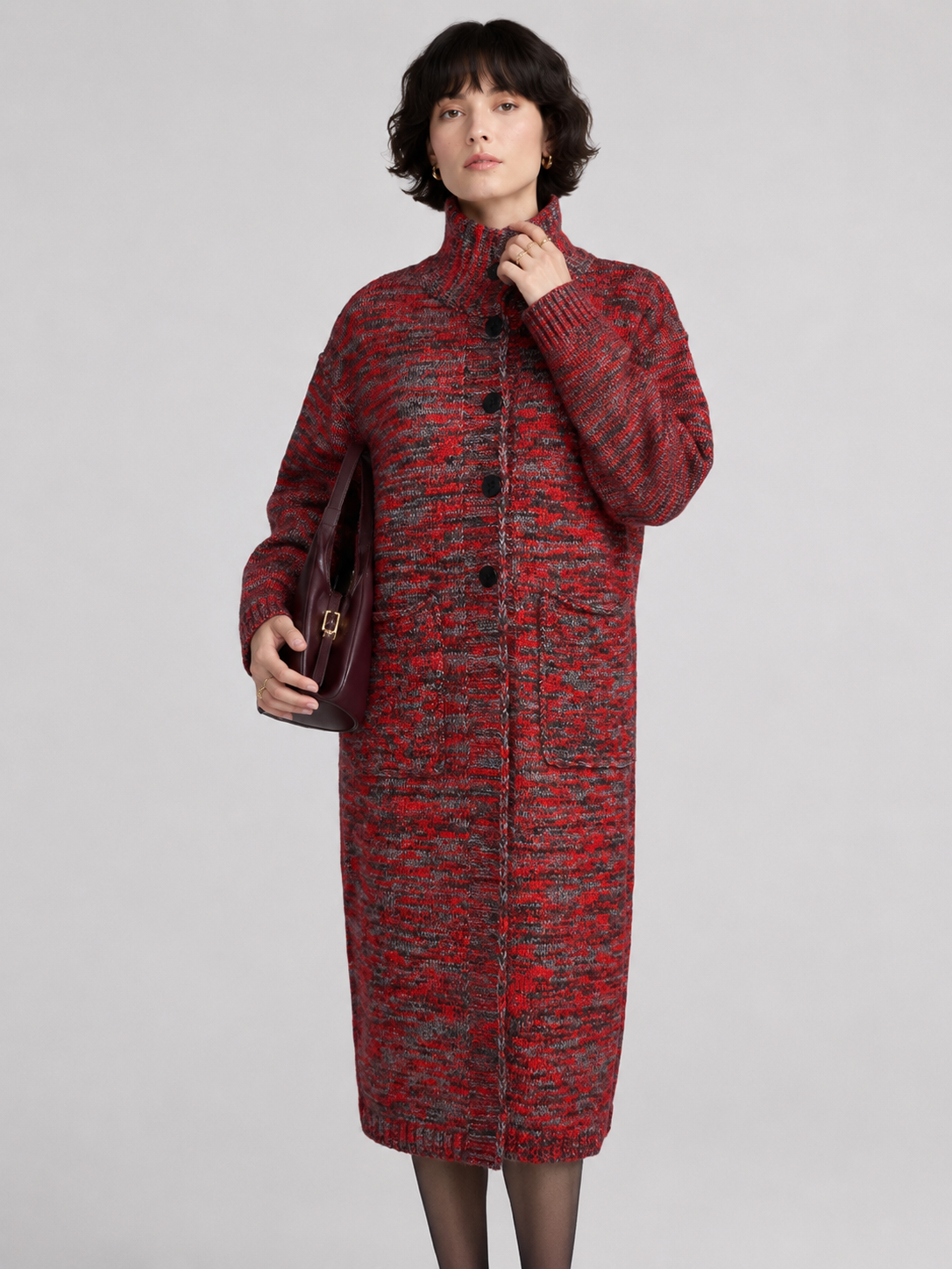 Women's Wool Blend High Neck Long Knit Coat Cardigan with Multi Buttons