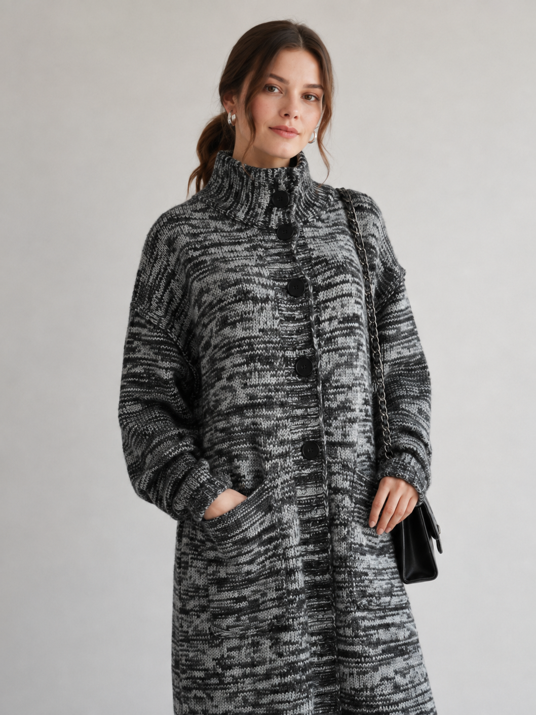 Women's Wool Blend High Neck Long Knit Coat Cardigan with Multi Buttons