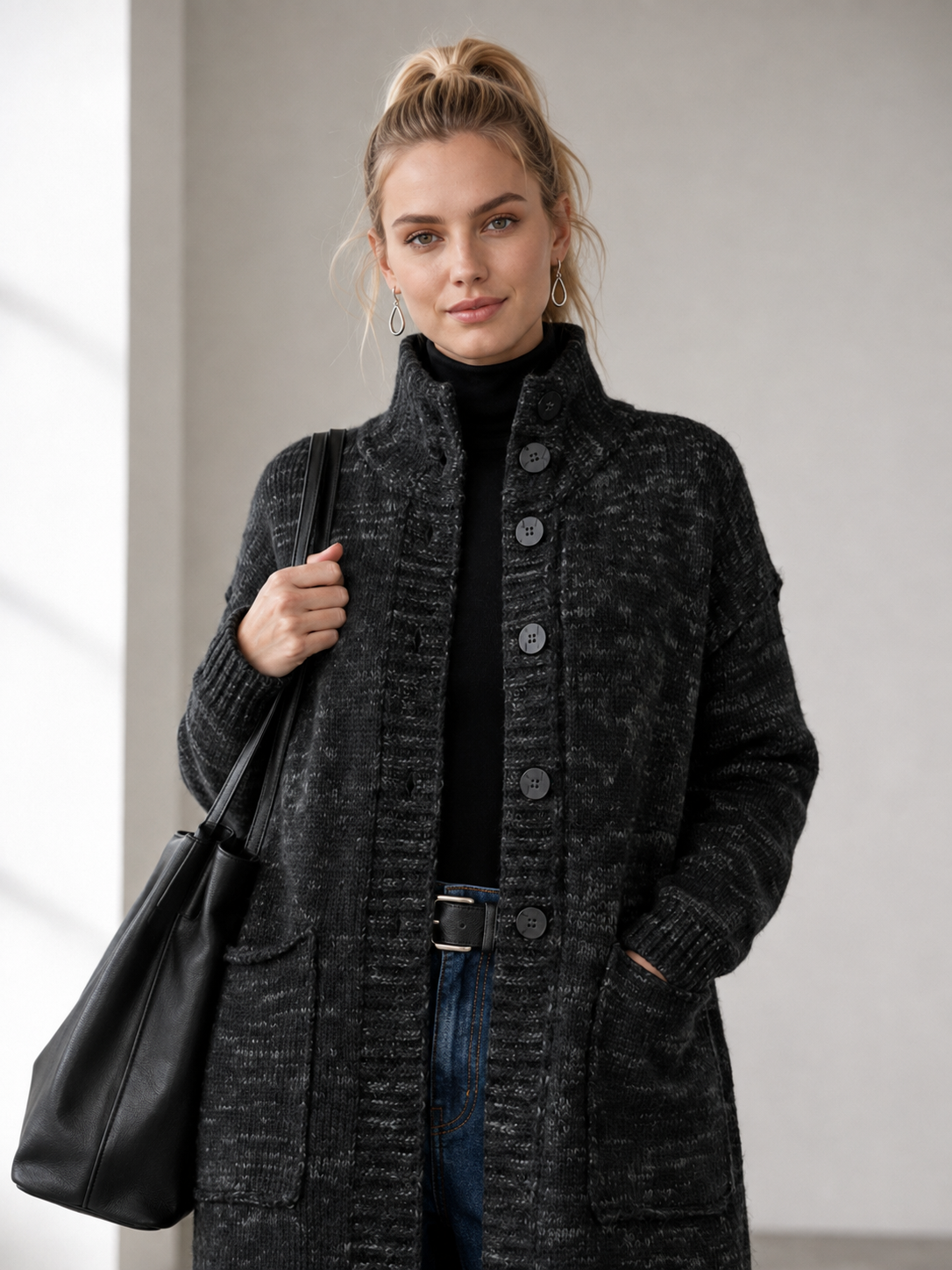 Women's Wool Blend High Neck Long Knit Coat Cardigan with Multi Buttons