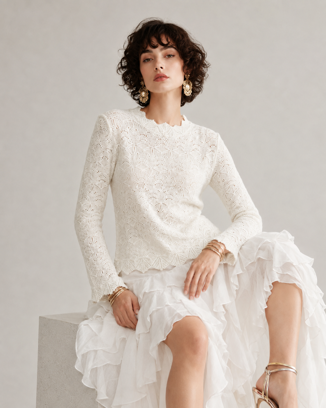 Women's French Vintage Crochet Knit Top