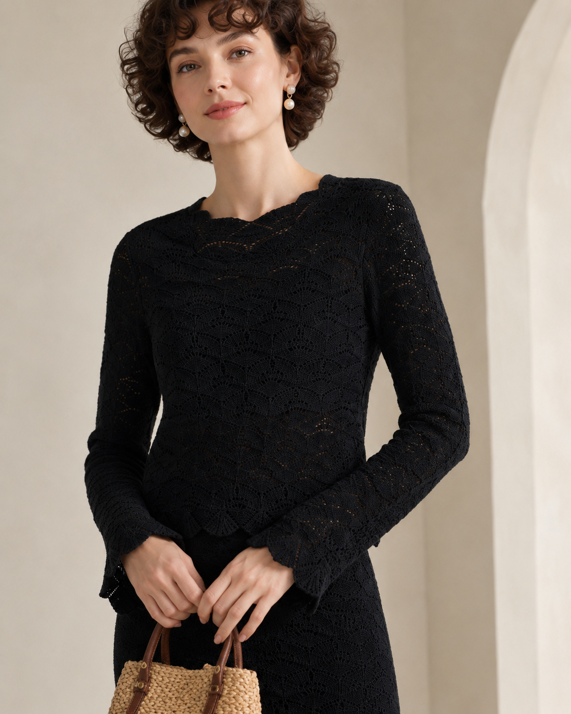 Women's French Vintage Crochet Knit Top