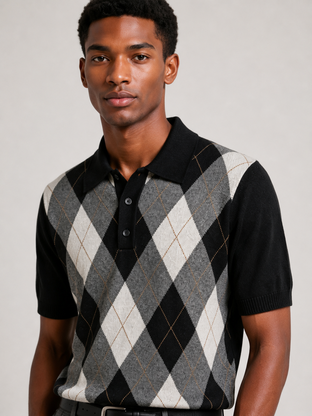 Wool Blend Polo Knit Shirt Argyle Diamond Jacquard Short Sleeve Retro Top