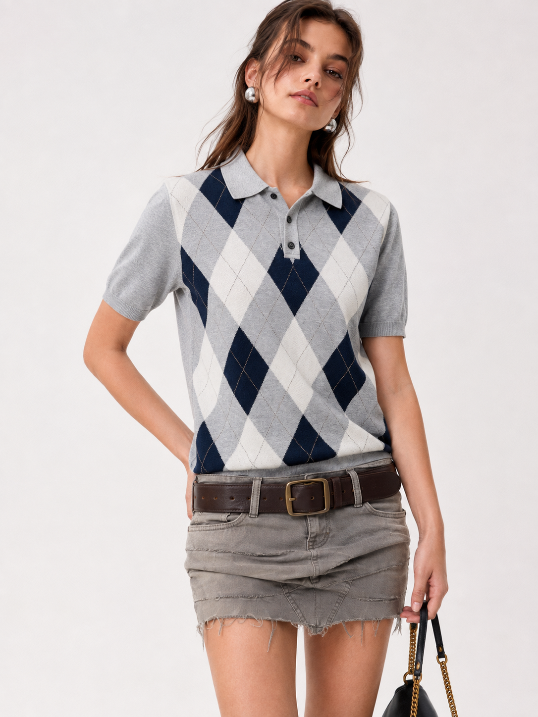 Wool Blend Polo Knit Shirt Argyle Diamond Jacquard Short Sleeve Retro Top