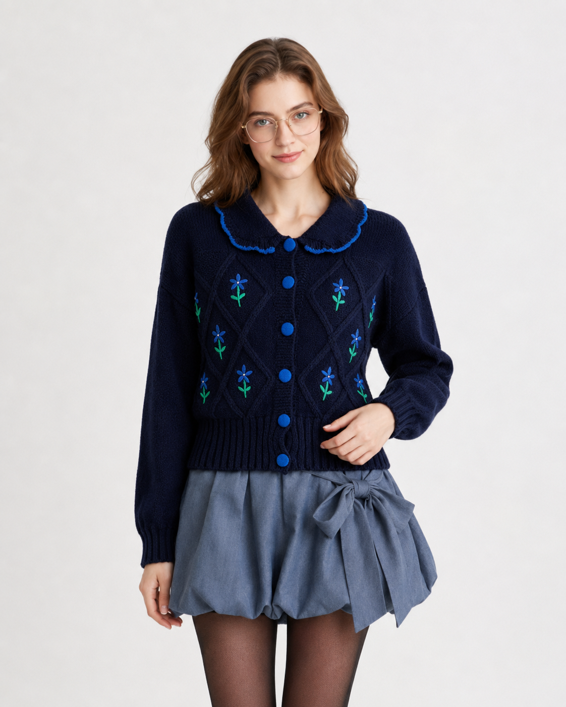 Women’s Jacquard Knit Cardigan Vintage Doll Collar Sweater