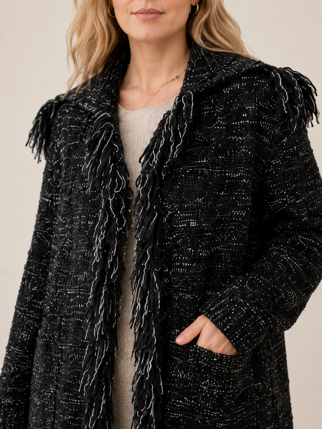 Women's Wool Blend Long Cardigan Sweater with Fringe Detail Belt