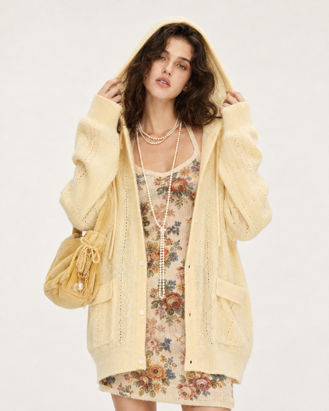 Baby Mohair Wool Blend Hoodie Sweater Cable Knit Cardigan