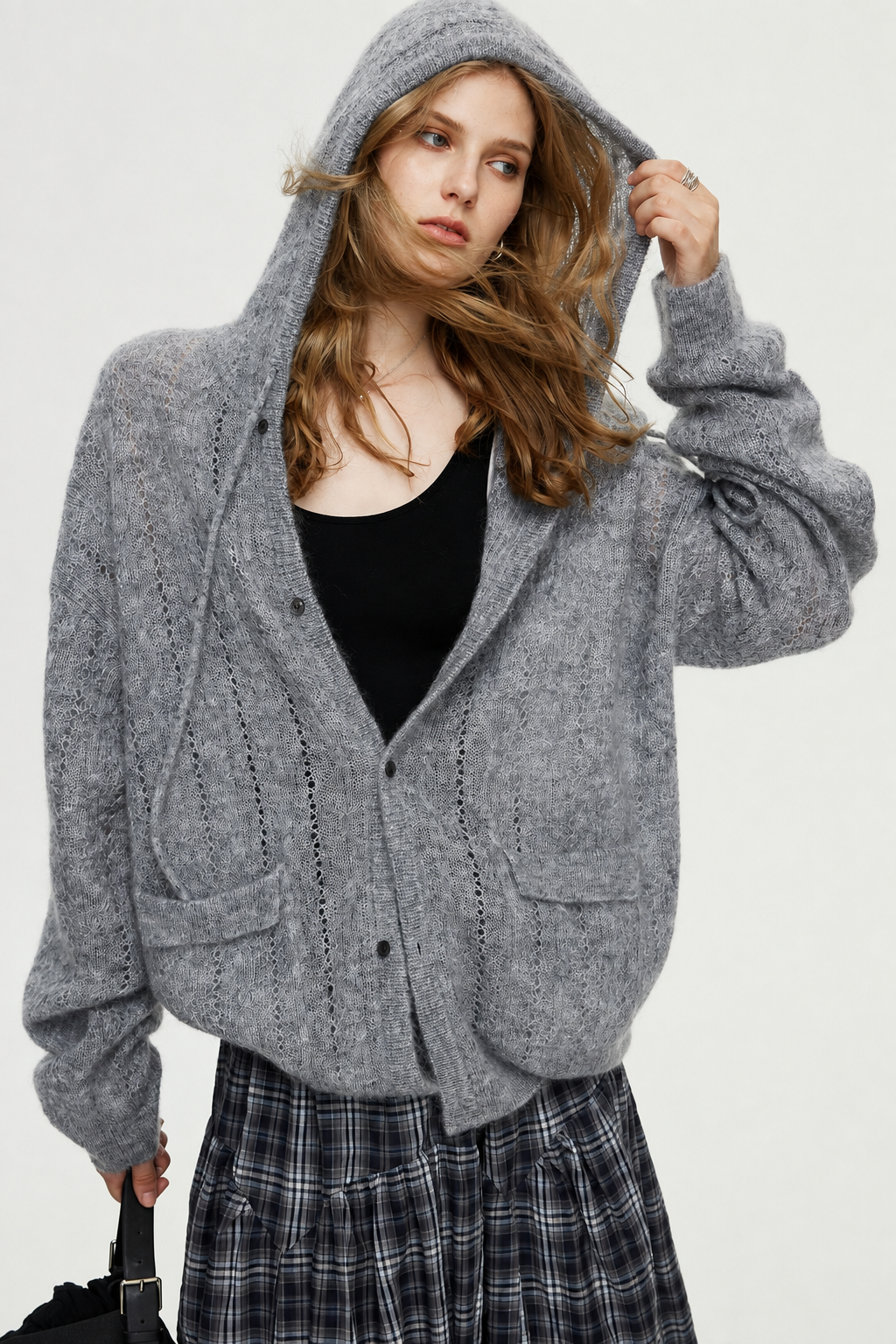 Baby Mohair Wool Blend Hoodie Sweater Cable Knit Cardigan