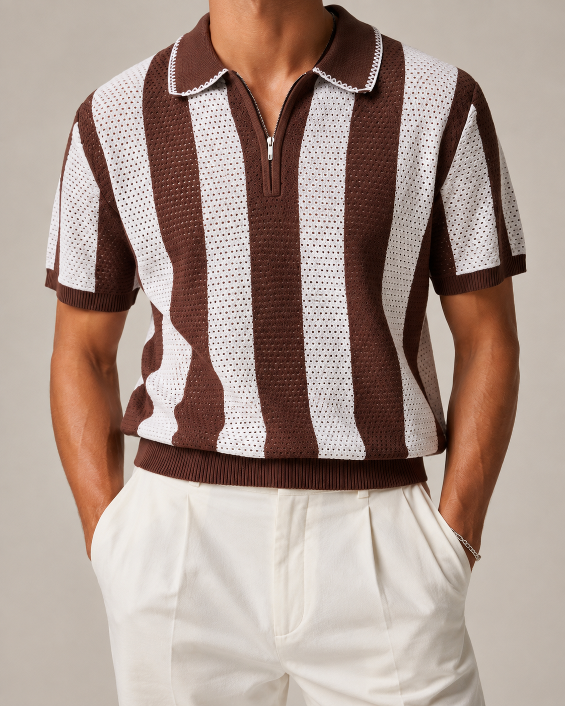 Men’s Cooling Knit Polo Shirt Striped Zip Short Sleeve Top