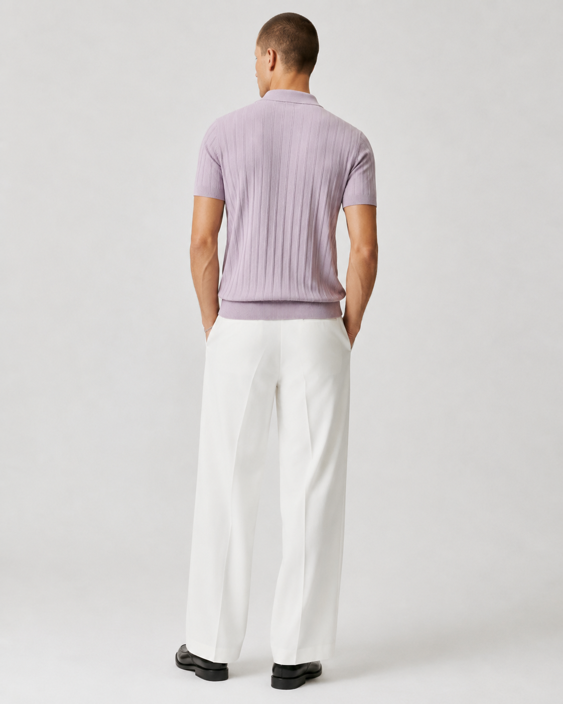 Men’s Ribbed Knit Polo Shirt V-Neck Short Sleeve Top