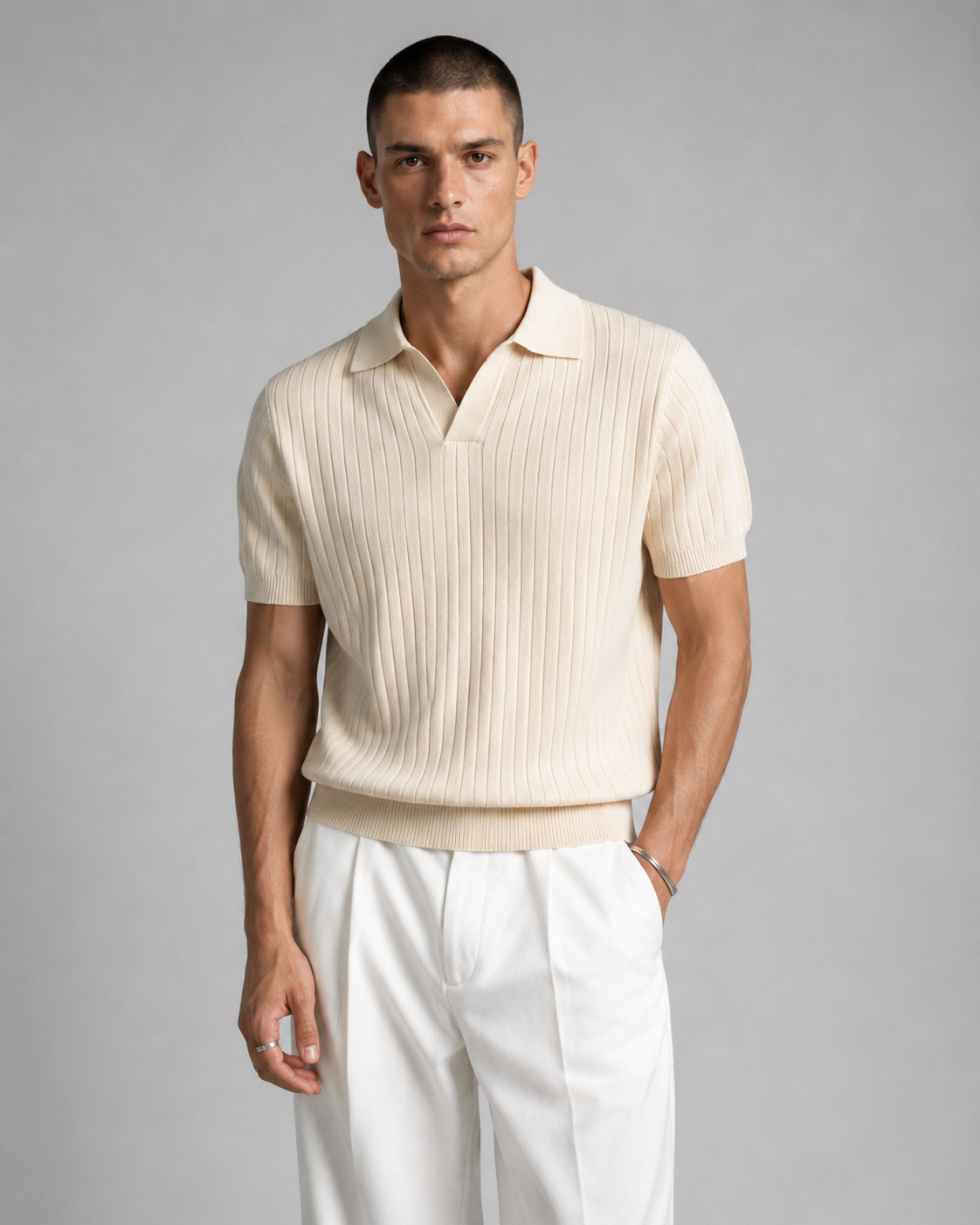 Men's Ribbed Knit Polo Shirt Short Sleeve V-Neck Top