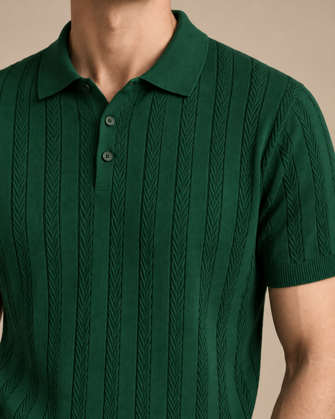Men’s Old-Money Style Cool-Touch Wheat Cable-Knit Polo