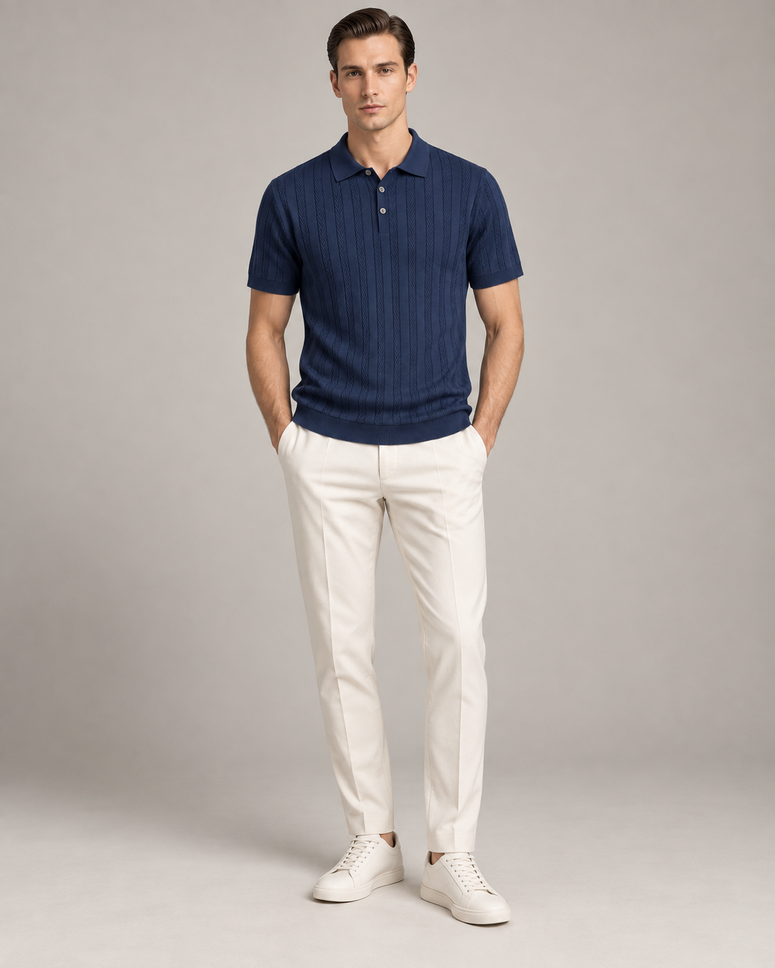 Men’s Old-Money Style Cool-Touch Wheat Cable-Knit Polo