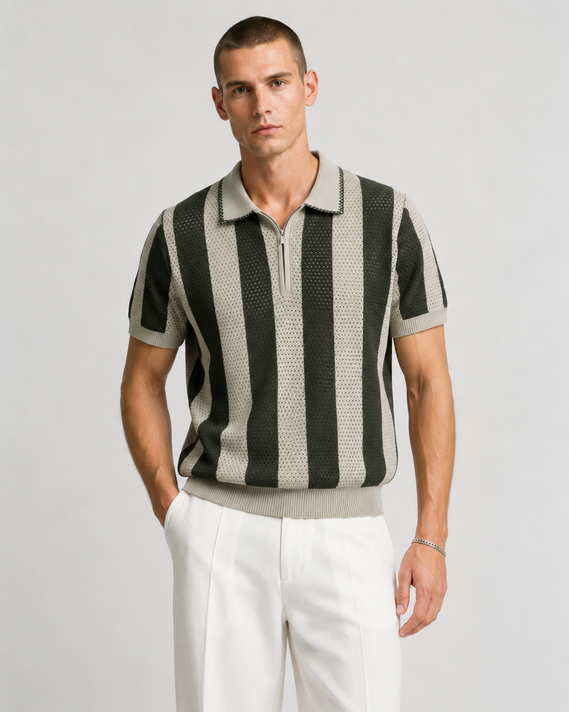 Men’s Cooling Knit Polo Shirt Striped Zip Short Sleeve Top
