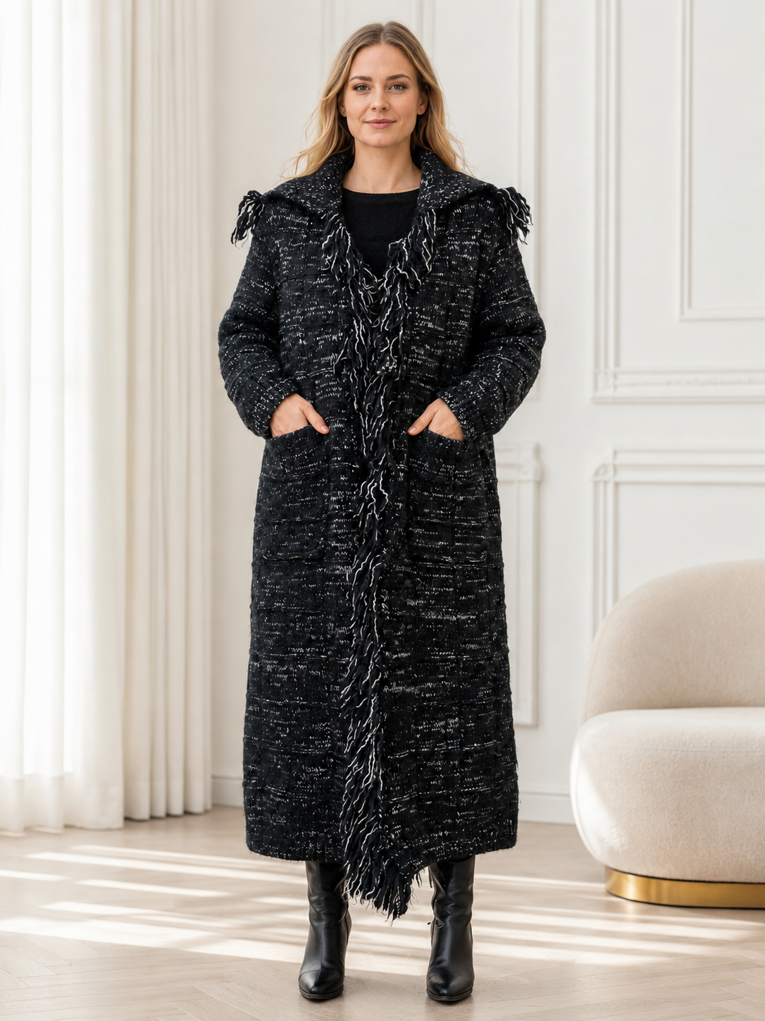 Women's Wool Blend Long Cardigan Sweater with Fringe Detail Belt
